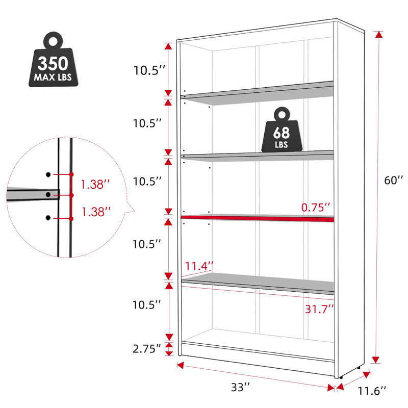 Bibliothèque standard Latitude Run® Gibney, (5 tablettes) H 59,84 po x l 33,07 po x P 11,61 po, Acajou