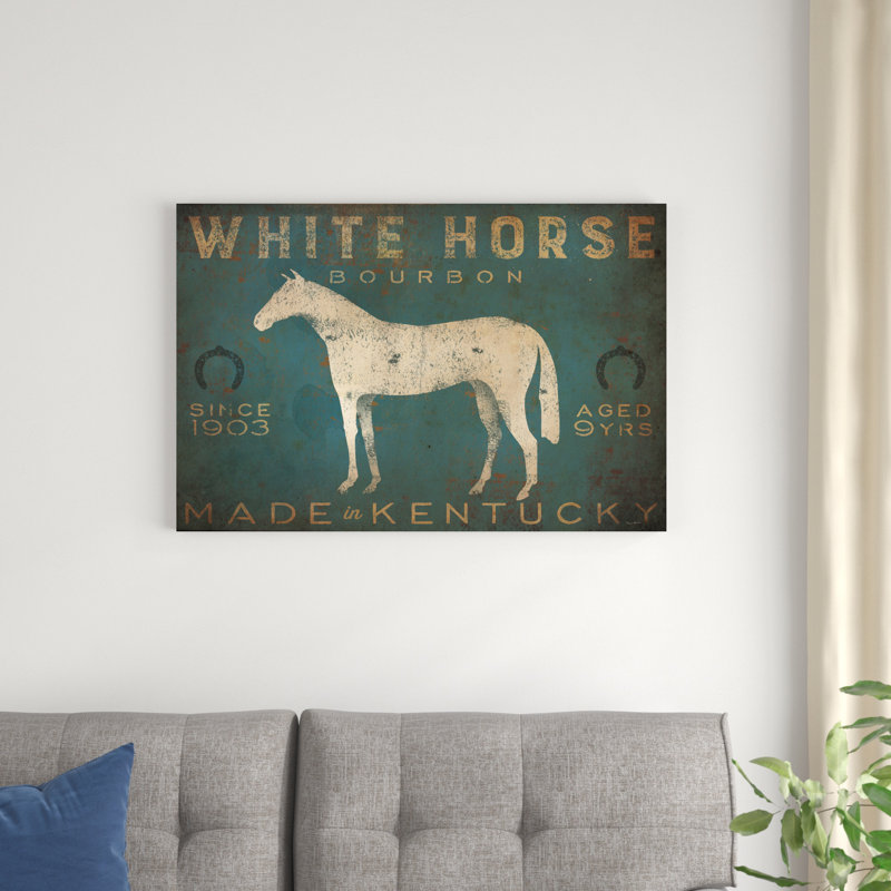 Cheval blanc avec mots bleus, H 24 po x l 36 po
