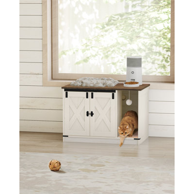 Cat Litter Box Enclosure, Hidden Litter Box Cabinet Furniture with Bell, Indoor Cats House, Farmhouse Style, 31.5 x 19.7 x 20.9Inches, for Hallway, Bedroom, Rustic Brown and White