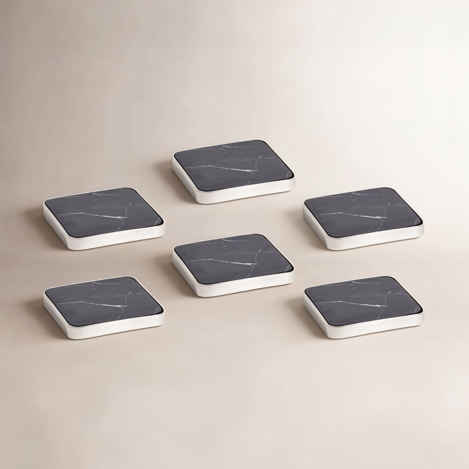Silver Border Marble Coasters, Black Marble