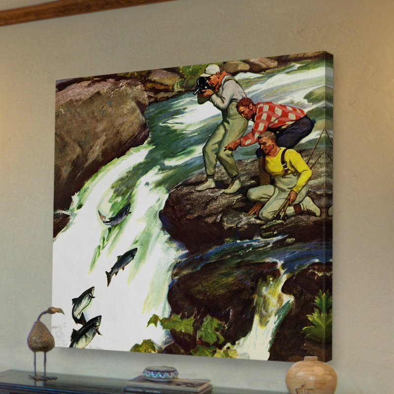 « saumon en amont », reproduction d’art sur toile tendue, H 32 po x l 32 po x P 1,5 po