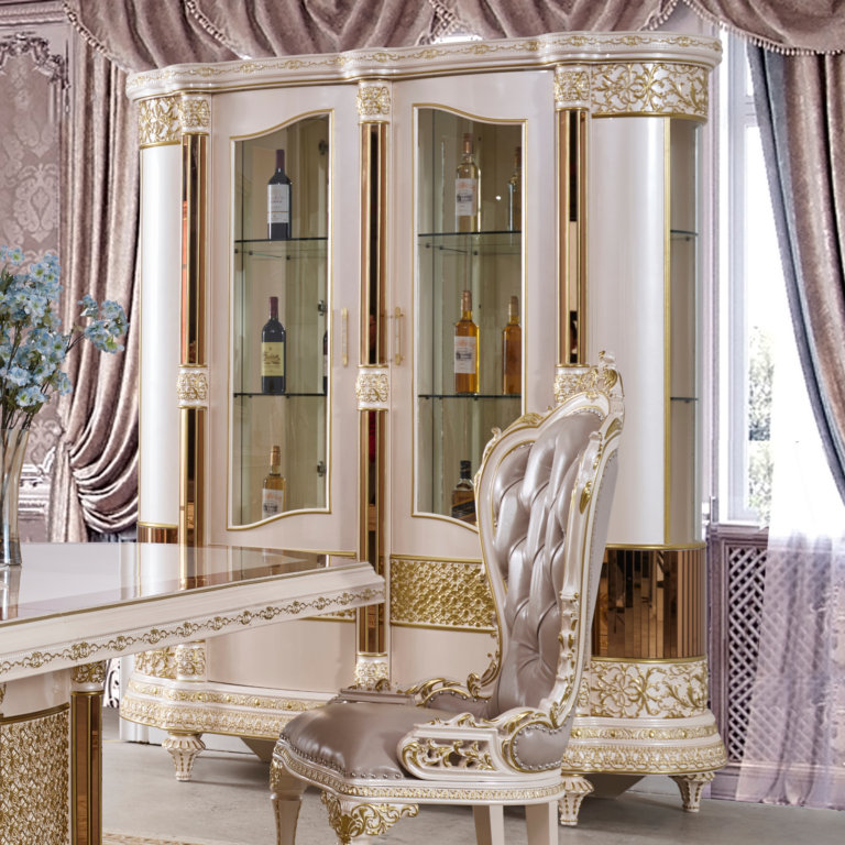 Antiqued Ivory and Gold Hand Carved China Cabinet with Glass Panels