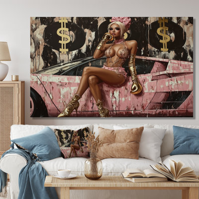 «Blonde Babe On Exotic Pink Sports Car - Fashion Girl Power», art mural