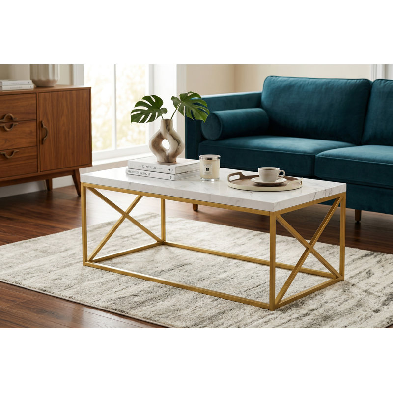 Brady Coffee Table, Faux Wood Top, Metal X Frame, 17" H x 44" L x 22" W, White Marble, Gold