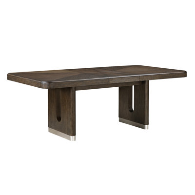 Rectangular Dining Table With Extension Feature, Brown Finish, Metallic Base, Seats 6 For Kitchen Use Modern Extendable Design, Unique Area Decor