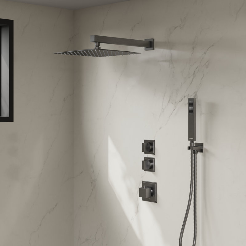 Rugen Thermostatic Shower System, Large 12" Rain Shower Head with Handheld, Gun Grey Shower Faucet Set with Valve, High Pressure Rainfall Showerhead