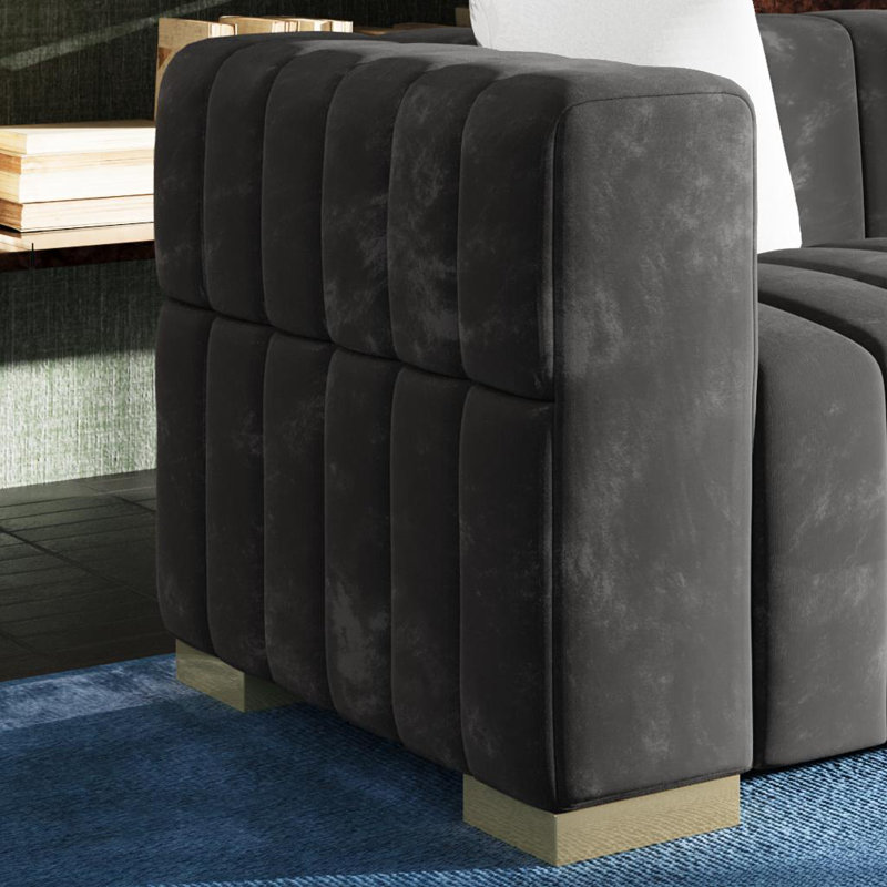 Canapé Charlesworth 87'' en velours gris, accoudoirs carrés, 2 coussins inclus, capitonnage moderne, pieds en métal, canapé deux places luxueux et large pour salon, gris