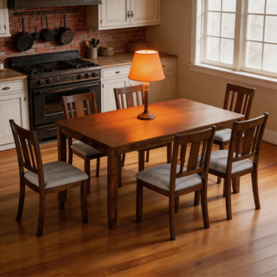 Ensemble de salle à manger 7 pièces brun noyer, table rectangulaire en bois et 6 chaises rembourrées en lin, ensemble de salle à manger moderne pour 6 personnes