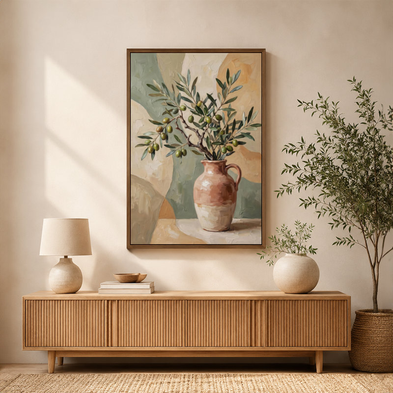 "Olive Branch", vase en terre cuite texturé, art mural sur toile avec cadre flottant, prêt à être accroché, 8x12in, Brown