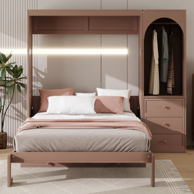 Lit escamotable avec bureau, tablette Stoarge et tringle à DEL, armoire murale en bois avec tiroirs de rangement