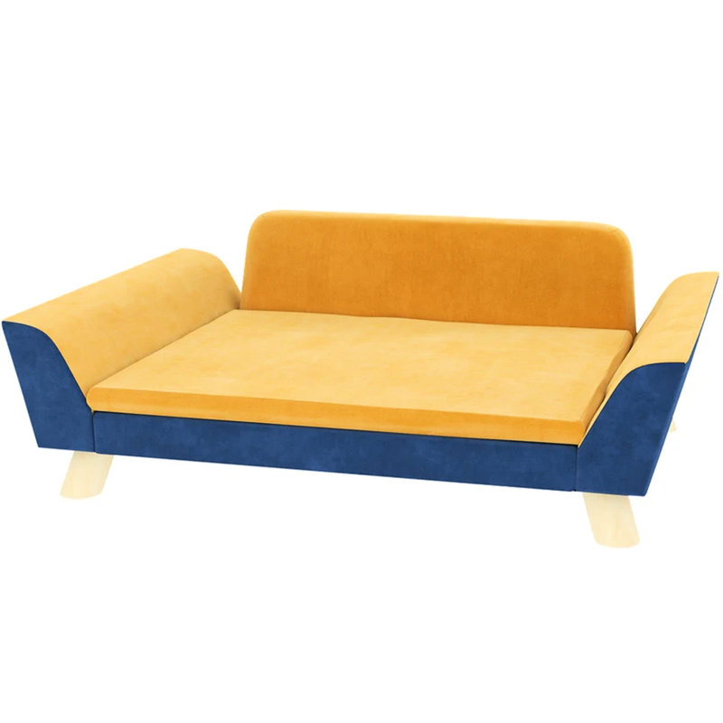 Lit pour chien orange, coussin souple amovible, housse lavable, planche multicouche solide, planchers antidérapants, petit confort idéal, fabrication de planche, design,