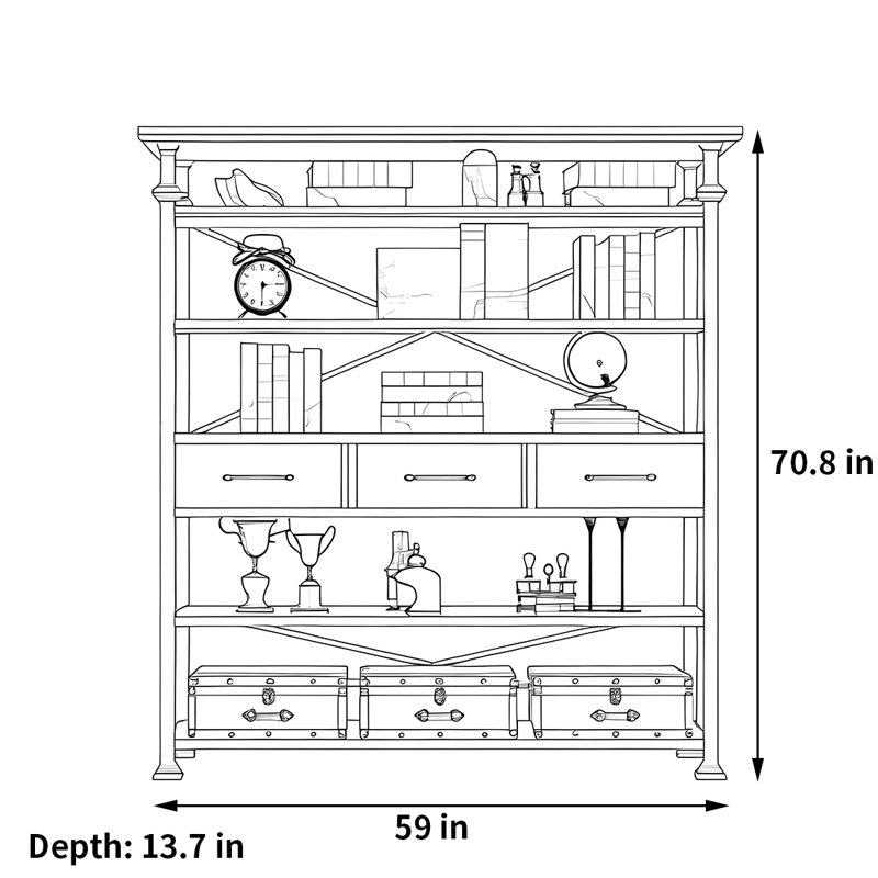 Retro trend bookcase, (5 Shelves) 70.8"H x 59"W x 13.7"D