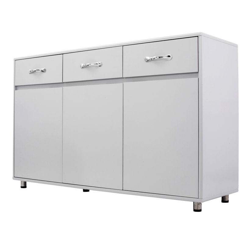 Three Doors Grey Storage Unit With Ample And Stylish Design Side Table In Grey, E1 Smooth Drawer Slides