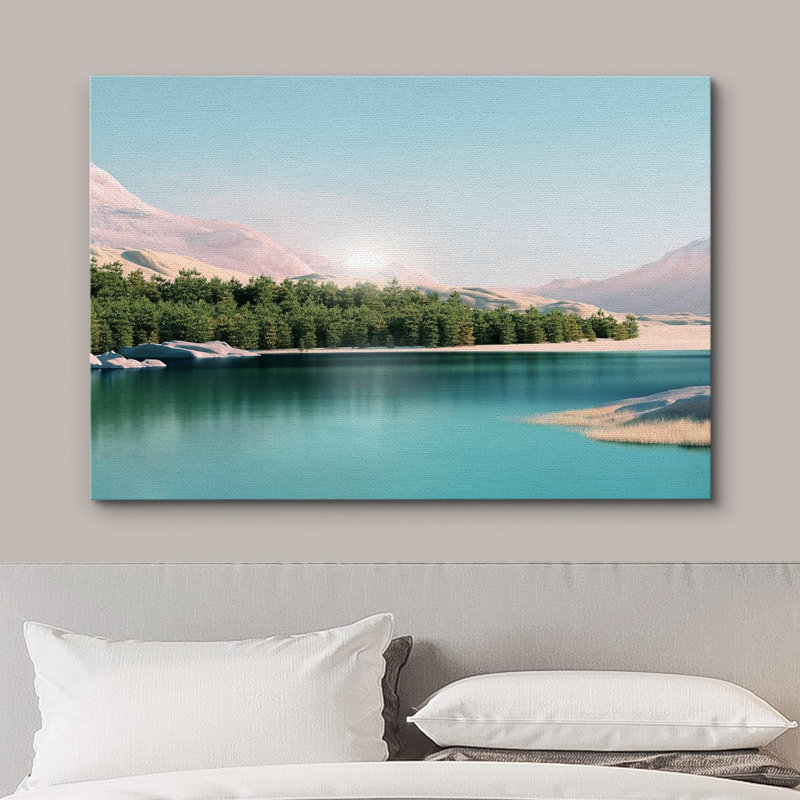 «Pastel Mountain Forest», bleu sarcelle, vue sur toile, Toile tendue, H 32 po x l 48 po x P 1,5 po