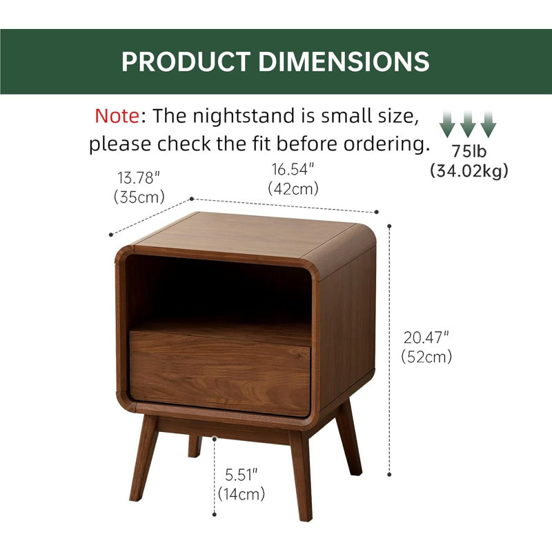 Ensemble de 2 tables de chevet en bois massif MCM avec 1 tiroir et tablette ouverte MCM, Noyer américain