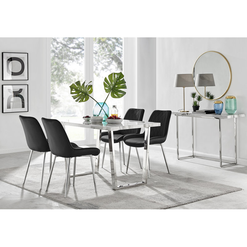 White Marble Effect Rectangular 4 Seat Dining Table Set with Luxury Velvet Dining Chairs, Black/Silver