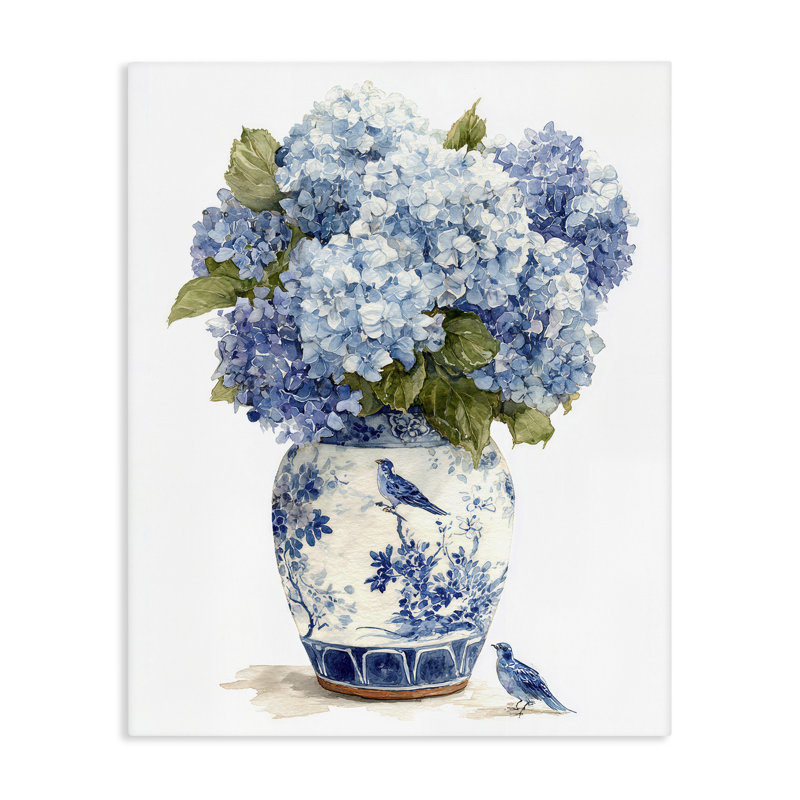 Oiseau bleu et toile d'Hortensia, design par Imagine It Images, H 40 po x l 30 po