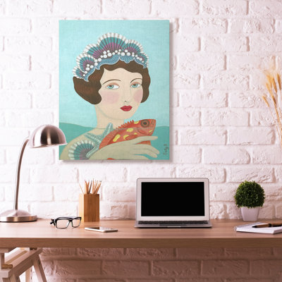 «Woman and Fish Blue Animal» par Sally B, reproduction d'art sur toile non encadrée