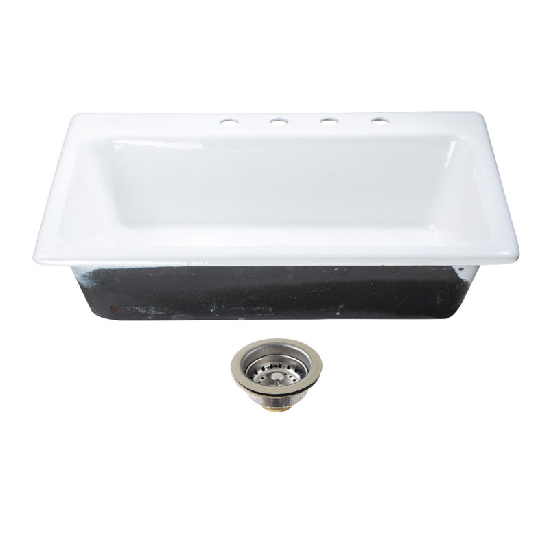 Kingston Brass Towne 33-Inch Cast Iron Self-Rimming Single Bowl Drop-In Kitchen Sink With 4-Hole Drain And Strainer