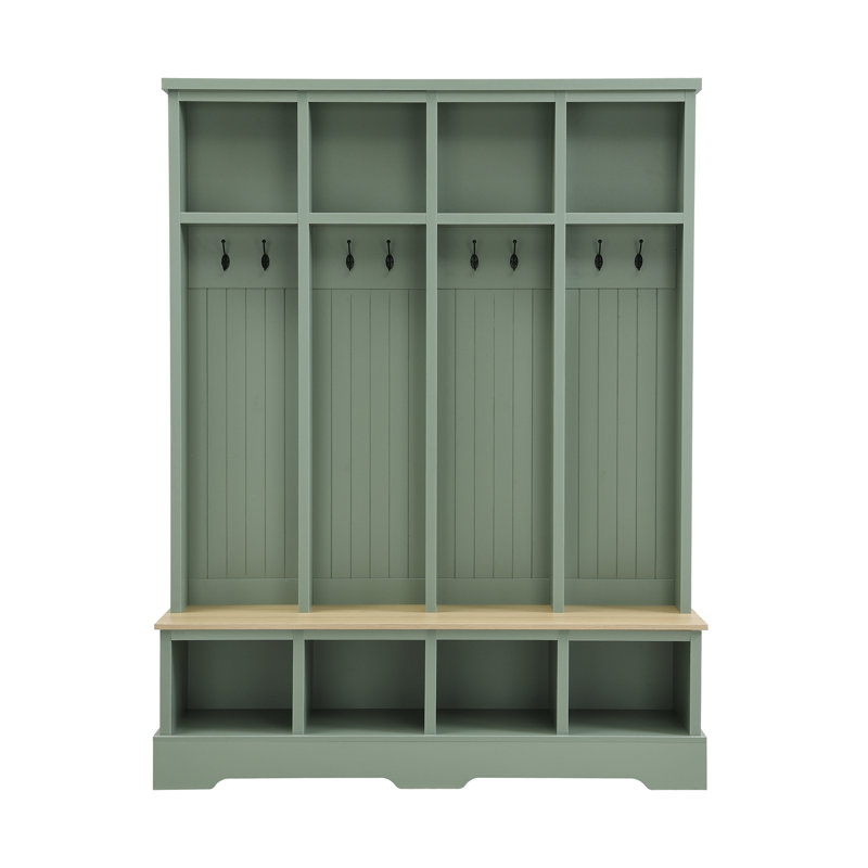 Farmhouse Hall Tree with 8 Hooks, Practical Entryway Bench with Open Compartments, Mint Green