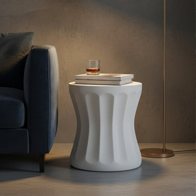 Antique White Round Concrete Outdoor Side Table, MGO End Table for Patio