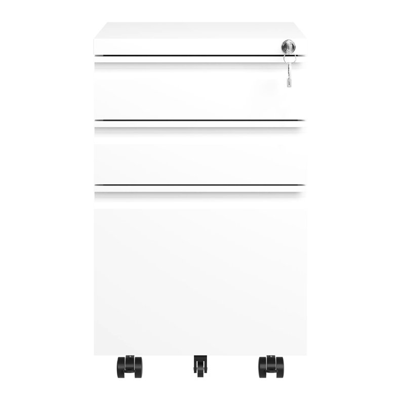 White 3 Drawer Filing Cabinet With Lock For Office. Fully Assembled Metal Unit. Accommodates Letters/Legal/A4. Secure File Keeping. Drawers Have Removable Pencil Tray. Effortless Mobility On 5