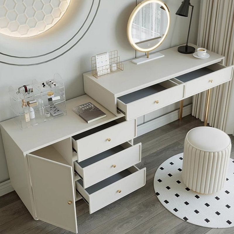 Coiffeuse de maquillage avec miroir lumineux, 5 tiroirs, prise de courant