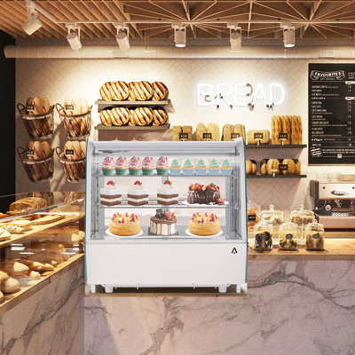 120L White Horizontal Commercial Display Refrigerator, 190W 110V Frost-Free Pastry Cooler with LED, Double Tempered Glass Sliding Lid & 4-Tier Storage for Bakery Cafe