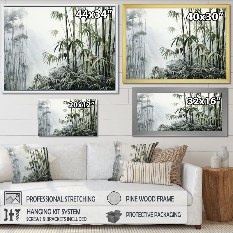 Gris et vert bambou tranquillité II - art mural Chine, Toile tendue, H 24 po x l 32 po x P 1 po
