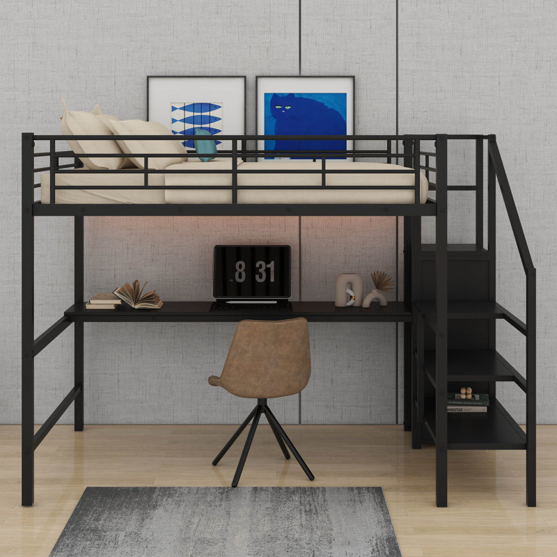 Full Size Metal Loft Bed With Storage Staircase,Desk, LED Light And Small Wardrobe, Black/Black