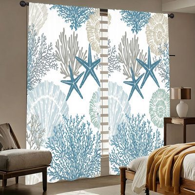 2Pcs Ocean Themed Curtains, Coastal Decor, Vintage Shell and Starfish Pattern, Light Filtering for Bedroom, Living Room, Bathroom, Kitchen Home Decoration