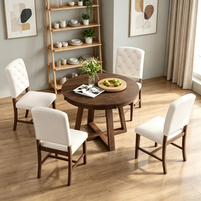 Ensemble de salle à manger 5 pièces rond en bois massif convertible rond à ovale, table de salle à manger à piédestal croisé avec rallonge amovible et 4 chaises d'appoint rembourrées capitonnées en diamant pour la cuisine et la salle à manger