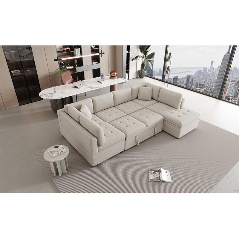 Canapé-lit modulaire surdimensionné en U de 117,3 po avec deux coussins décoratifs pour le salon, Beige