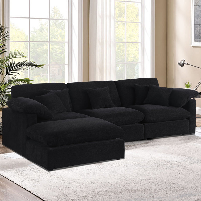 Luxurious Chenille Fabric 4-Piece Modular Sectional Sofa with Ottoman, Black Chenille, 33.5" H x 117" W x 73" D