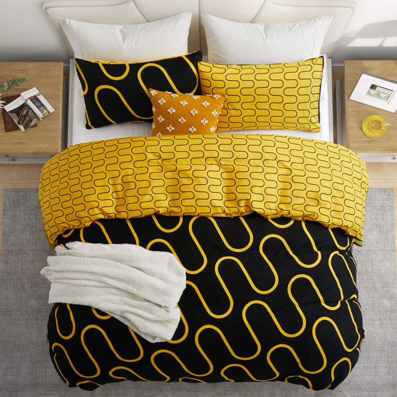 Microfiber Printed Duvet Cover - Soft, Lightweight, Fade-Resistant Bedding with Matching Pillowcases, Ochre/Black