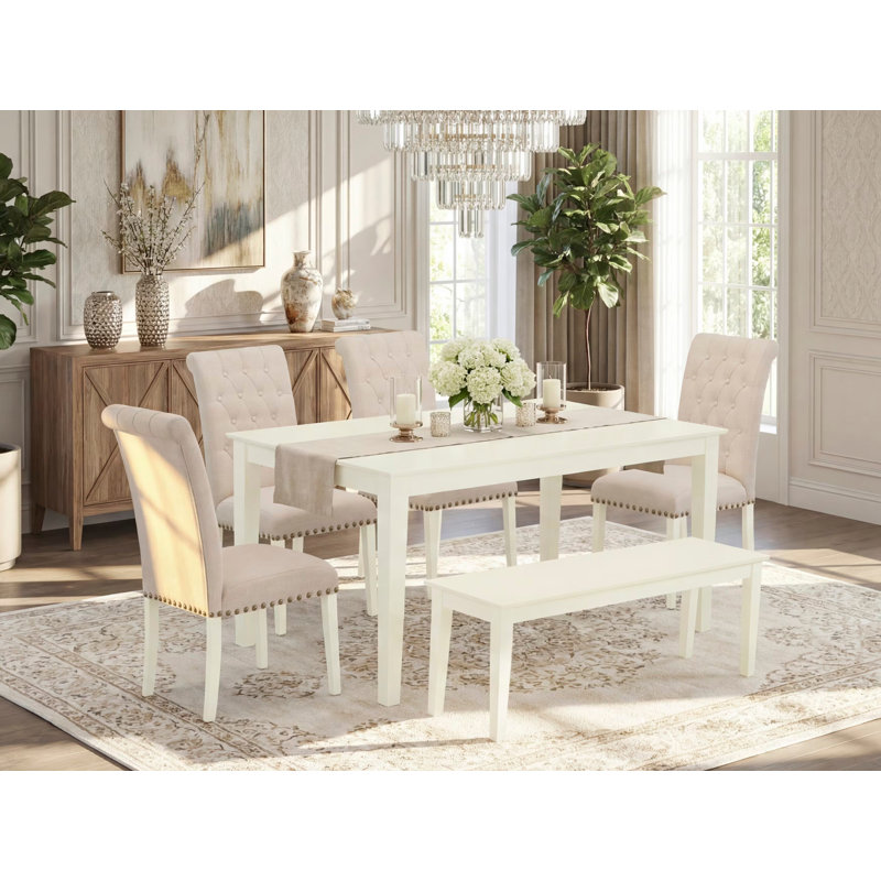 6 Piece Dining Table Set Contains a Rectangle Kitchen Table and 4 Light Beige Linen Fabric Upholstered Chairs with a Bench, 36x60 Inch, Linen White