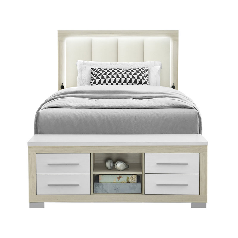 Lit double avec rangement Elsa, Naturel / Blanc, Lit double