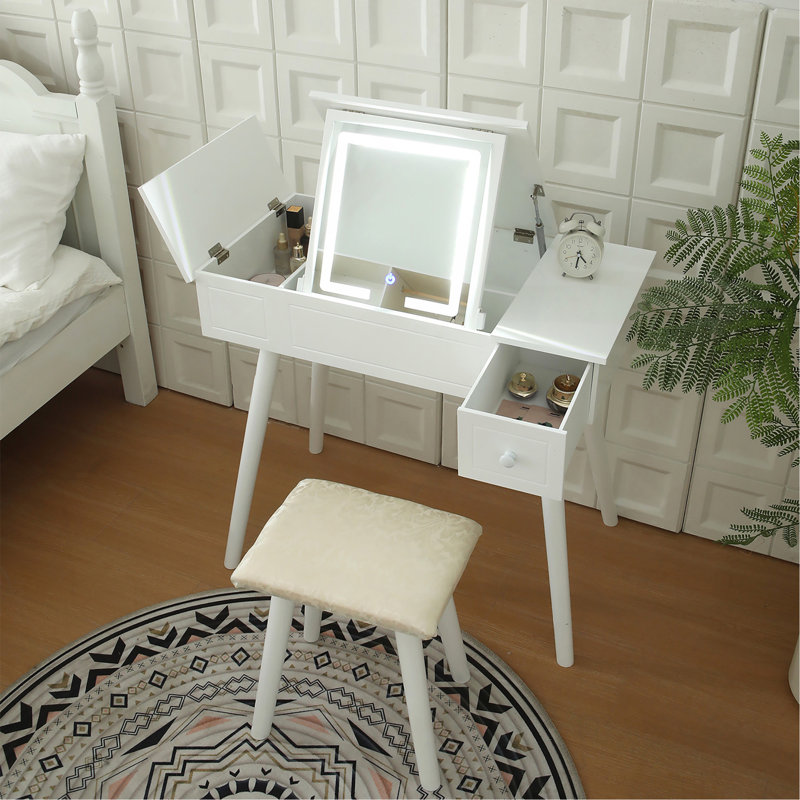 Ensemble de bureau de meuble-lavabo avec prise de courant miroir éclairé, coiffeuse de maquillage avec tiroirs, pour chambre à coucher, salle de bain