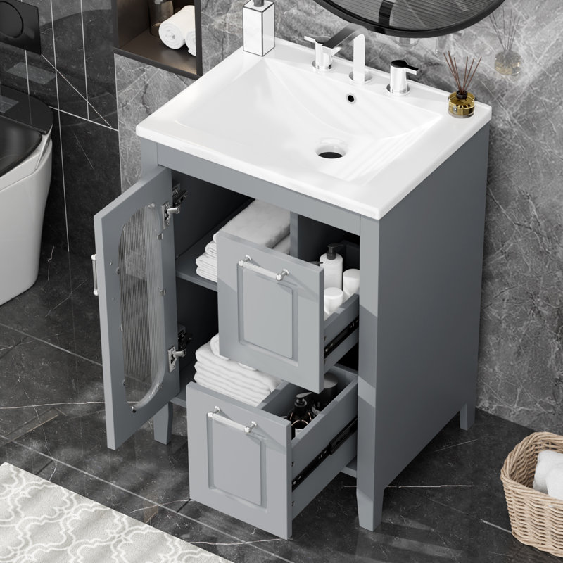 24'' Single Bathroom Vanity With Ceramic Top, Gray
