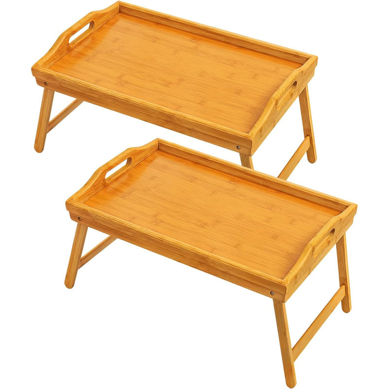 Simkins Bamboo Breakfast Tray 2 Pack Serving Bed Tray Table with Folding Legs Laptap Handles