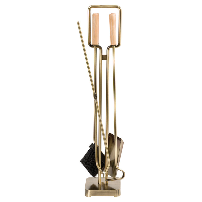 Modern Aged Brass and Maple 5-Piece Fireplace Tool Set