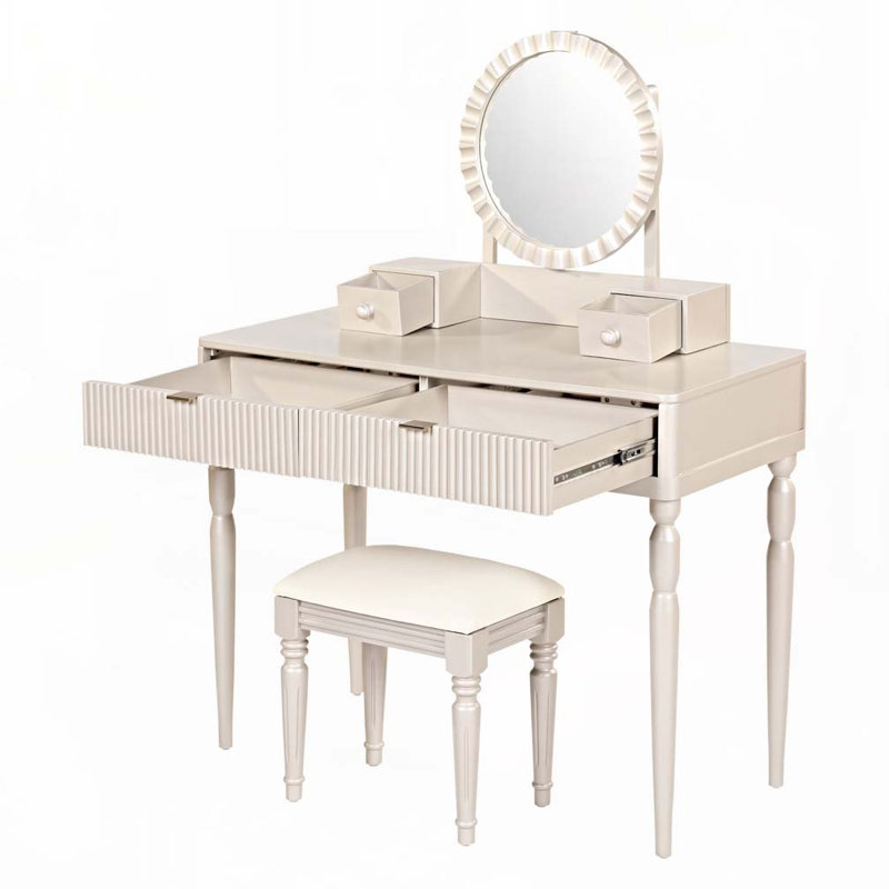 Luxury Vanity Desk Set With A Cushioned Stool, Round & Height Adjustable Mirror, 4 Drawers With Strip-fluted Panels