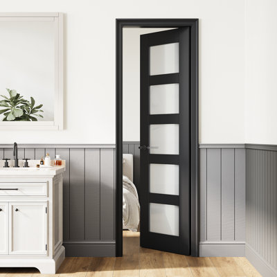 Dalle de porte française en verre givré 24 po x 80 po, porte intérieure en verre noir d'intimité 5-Lite, panneau de porte sans trou ou charnières, comme porte de grange ou porte prémontée ou porte de poche ou dalle de porte française pour garde-manger, porte de buanderie, chambre à coucher Porte