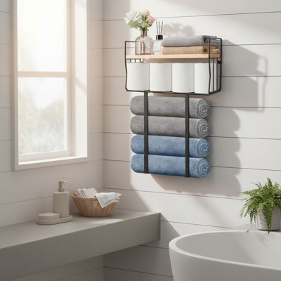 Porte-serviettes mural avec tablette en bois