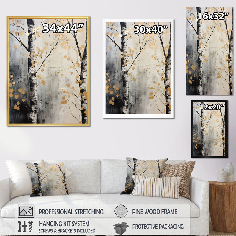 Arbre monochrome monochromes gris et or - impressions murales florales et botaniques, H 32 po x l 16 po x P 1 po
