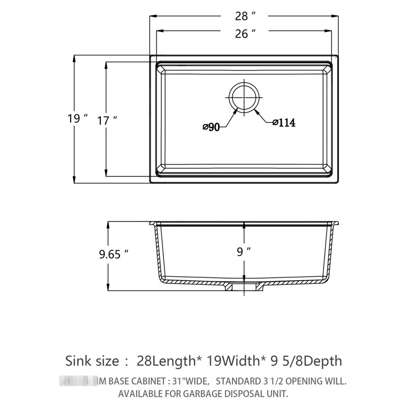 Évier de cuisine 28 pouces par 19 comptoir en quartz noir, matériau haut de gamme, surface lisse, élimine les vibrations, avec grille de séchage et grille inférieure noire, composite de 28 po x 19 po