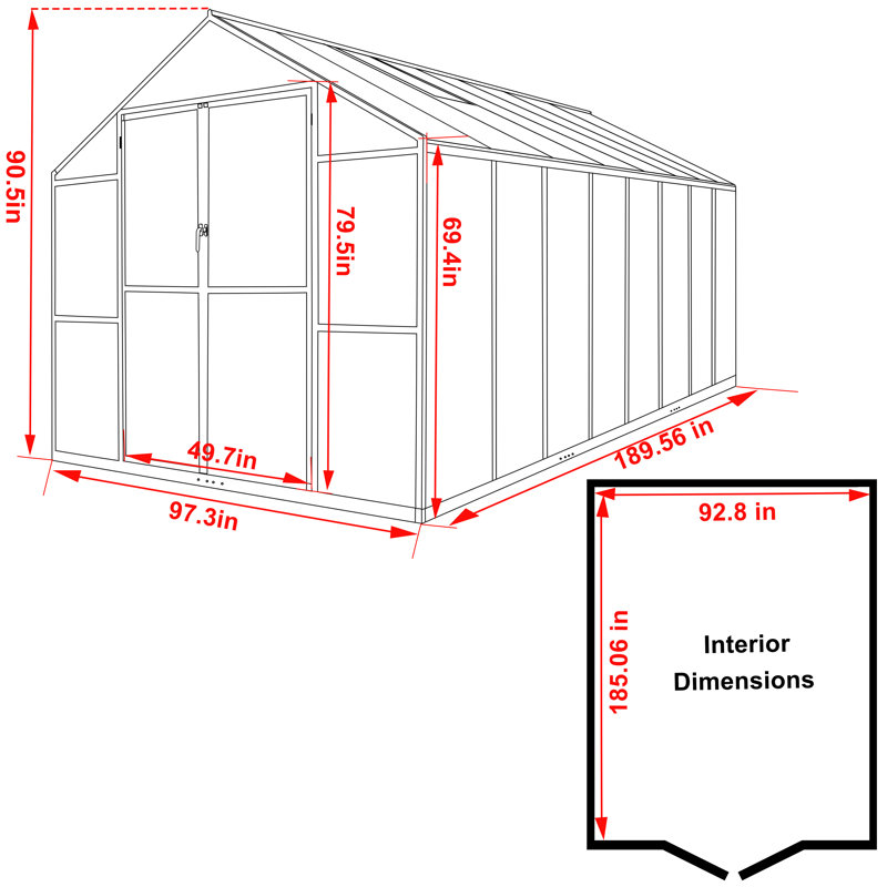 Serre en aluminium et polycarbonate pour l'extérieur, H 90,5 po x l 96 po x P 192 po, Gris