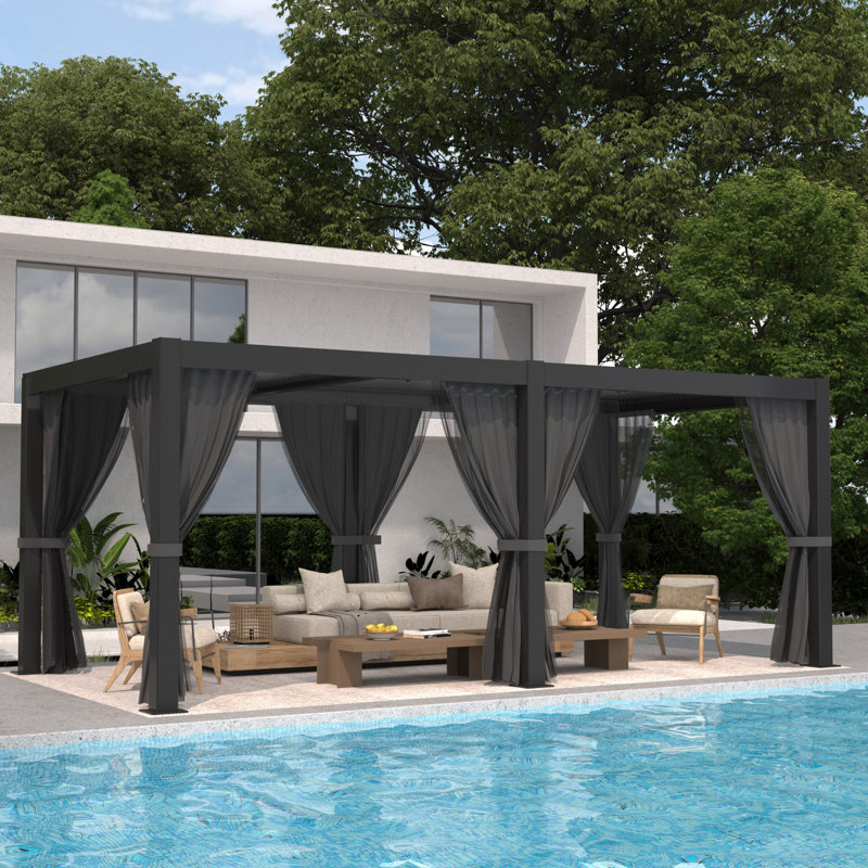 Outdoor Aluminum Louvered Pergola 10x20 Ft, Aluminum Pergola With Adjustable Louvered Roof, Outdoor Pergola With Waterproof Curtains And Nets For Deck Garden Yard