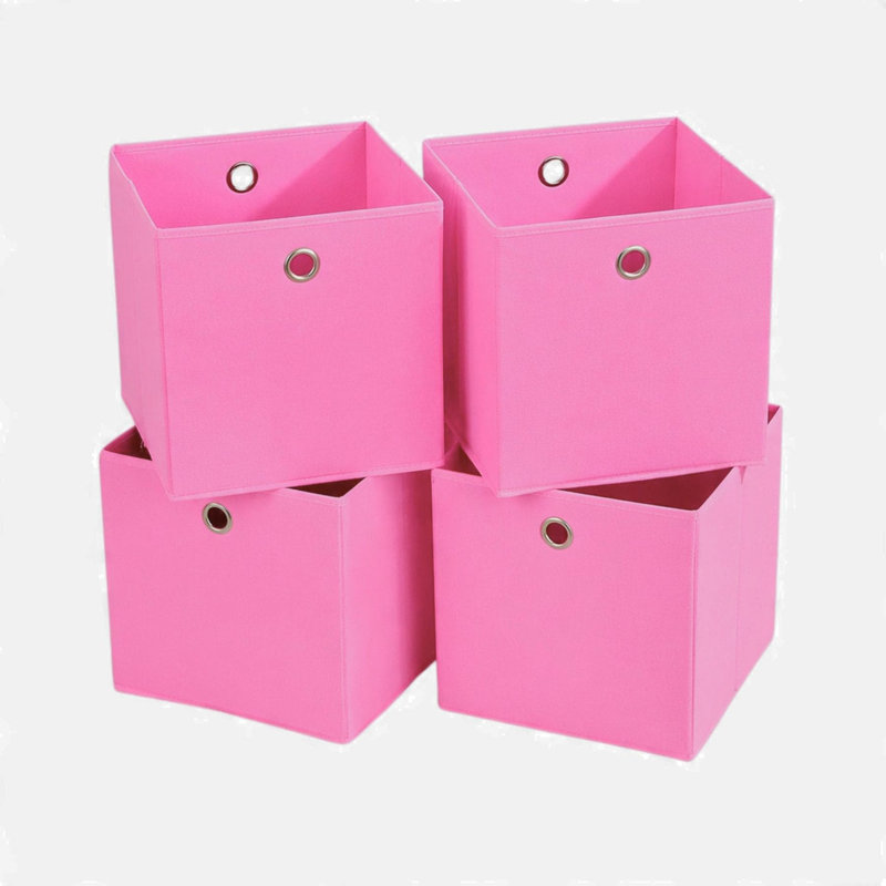 Pack of 4 Fabric Storage Cube Organiser Box, Pink