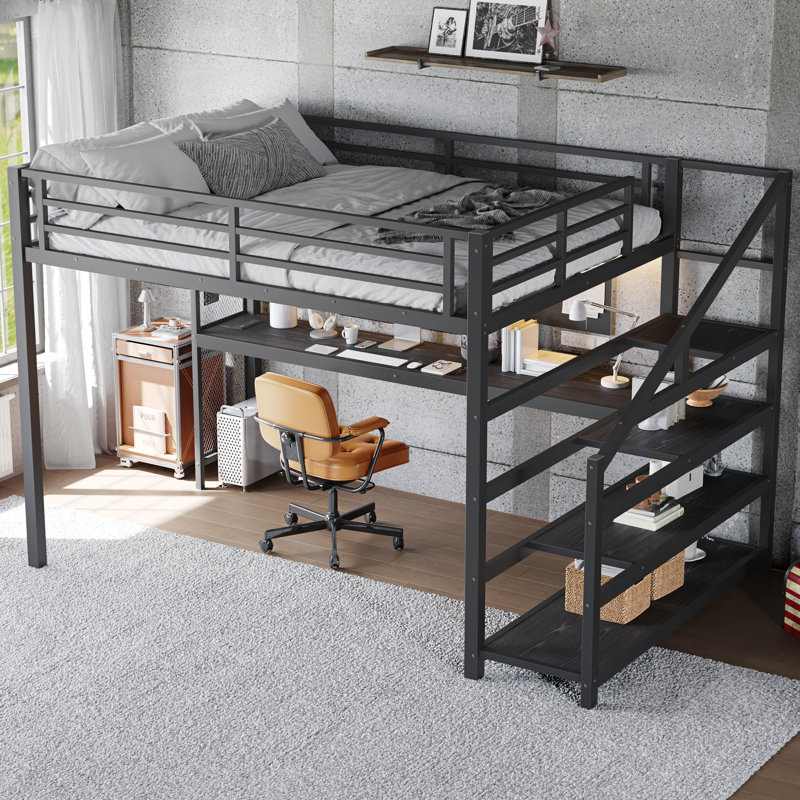 Queen Loft Bed with Desk and Storage Stairs, Metal Loft Beds with LED Lights, USB Ports, Multifunctional Iron Nets, No Spring Box Needed and Noise-free, Black